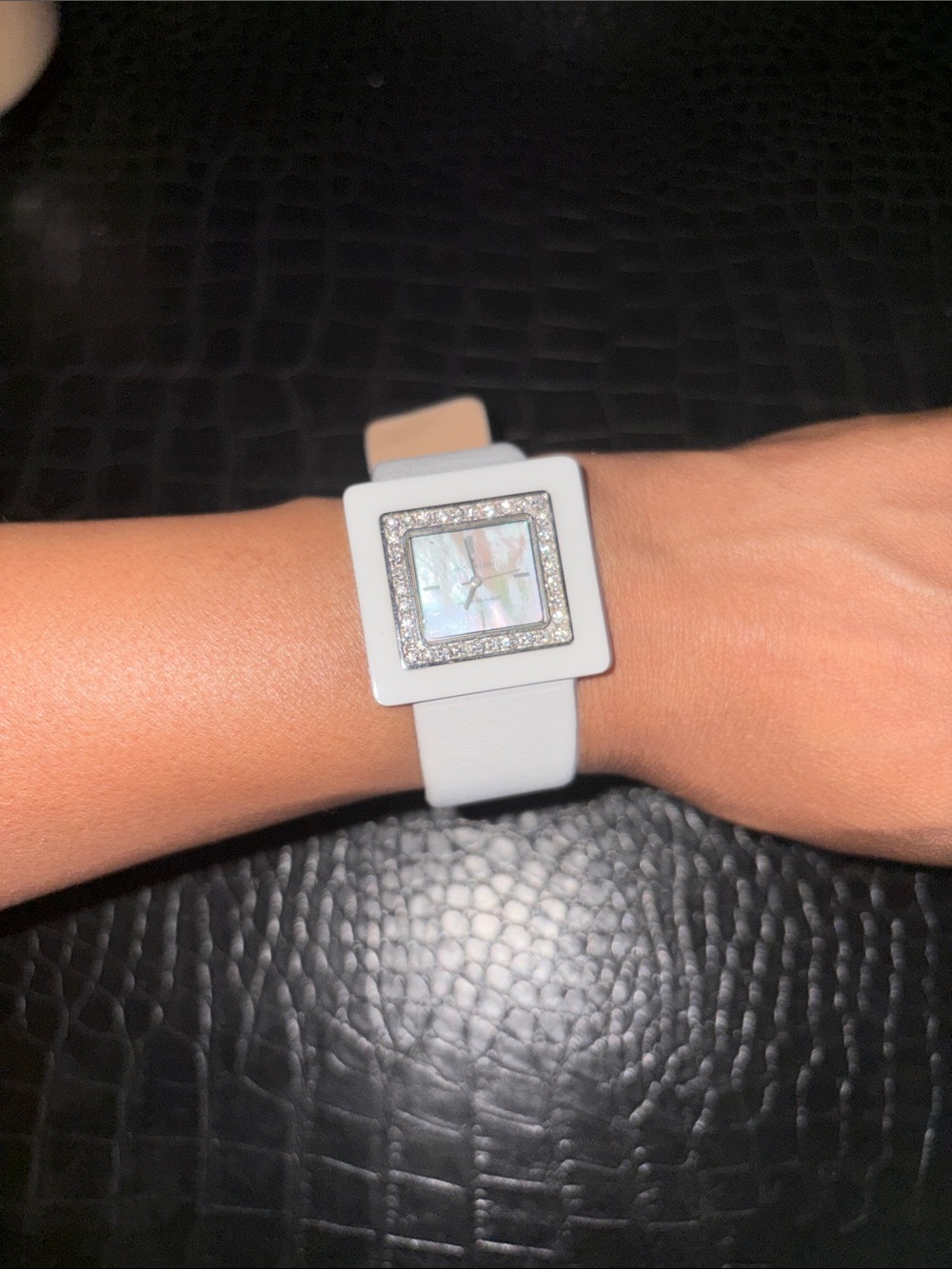 Anne Klein White Square Watch with Mother-of-Pearl Dial and Crystal Bezel